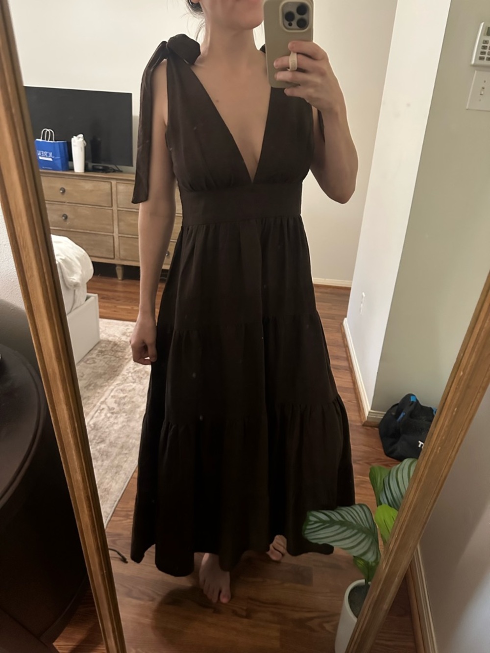 House of Harlow Sleeveless V-Neck Tie-Shoulder Maxi Dress in Chocolate Brown